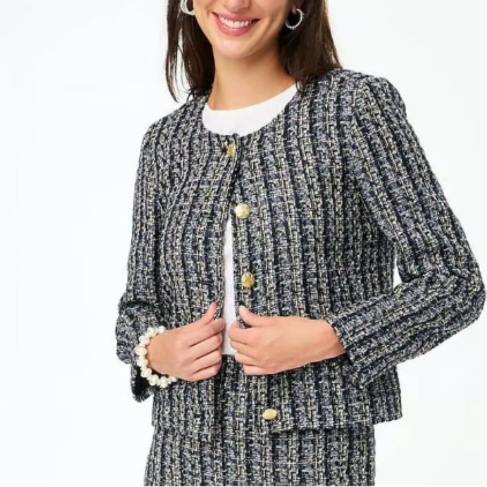 J. Crew Tweed Lady Jacket Blazer in Tweed‎ Black Navy Women's Size 4P Petite